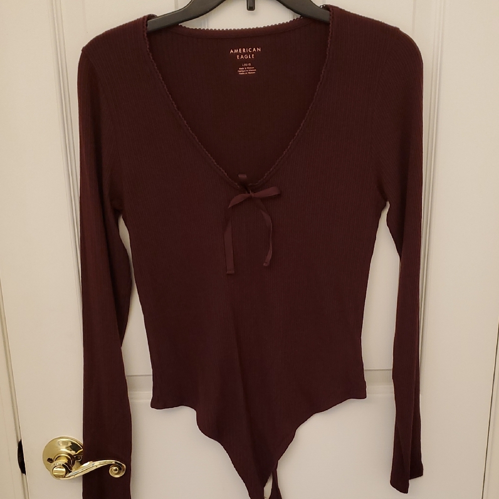 American Eagle Outfitters Women's Burgundy Long Sleeve Bodysuit